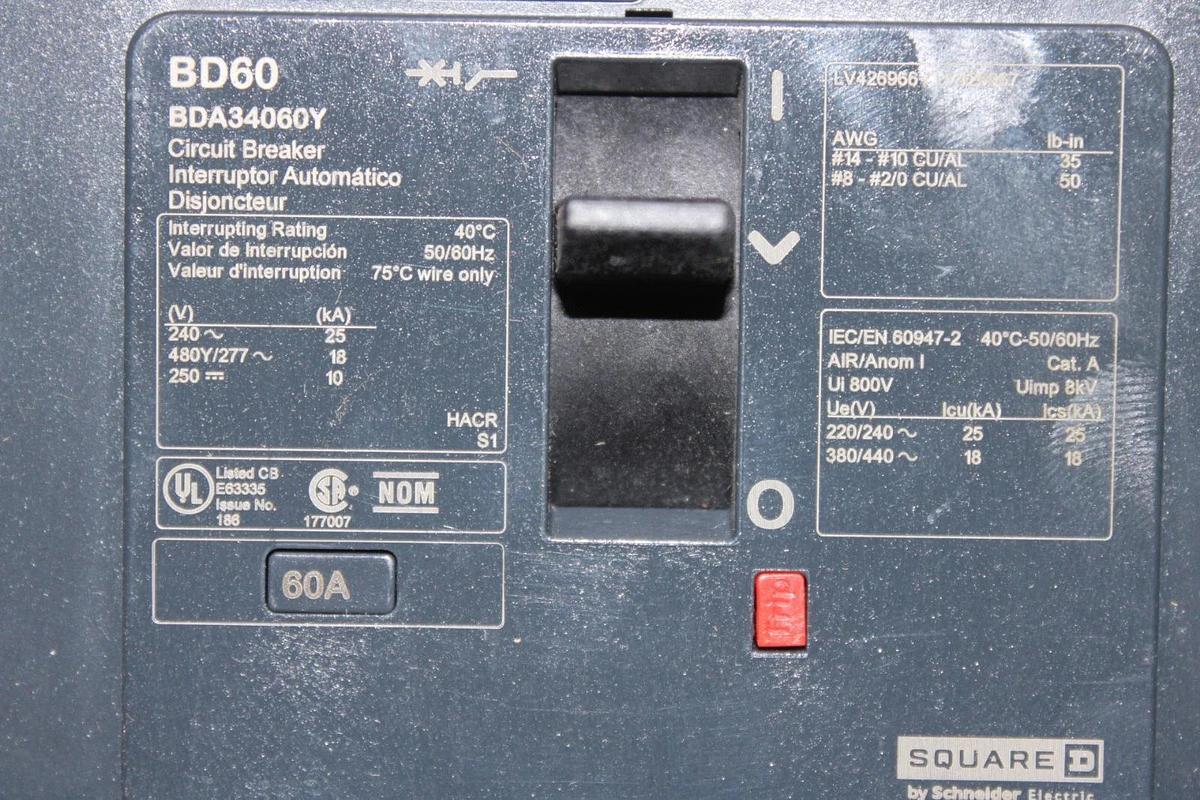 NIB SQUARE D POWERPACT I-LINE CIRCUIT BREAKER BDA34060Y 60 AMP 480/277V 3-POLE