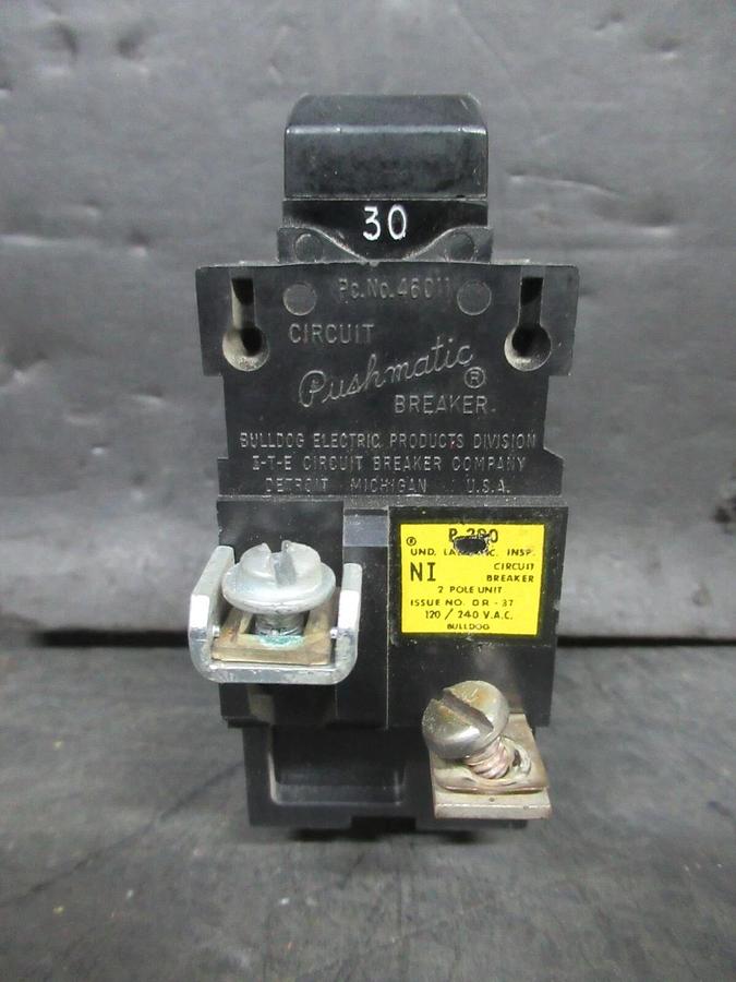 Used BULLDOG ELECTRIC / PUSHMATIC BREAKER P-280 46011 30 AMP 240 VAC 2-POLE