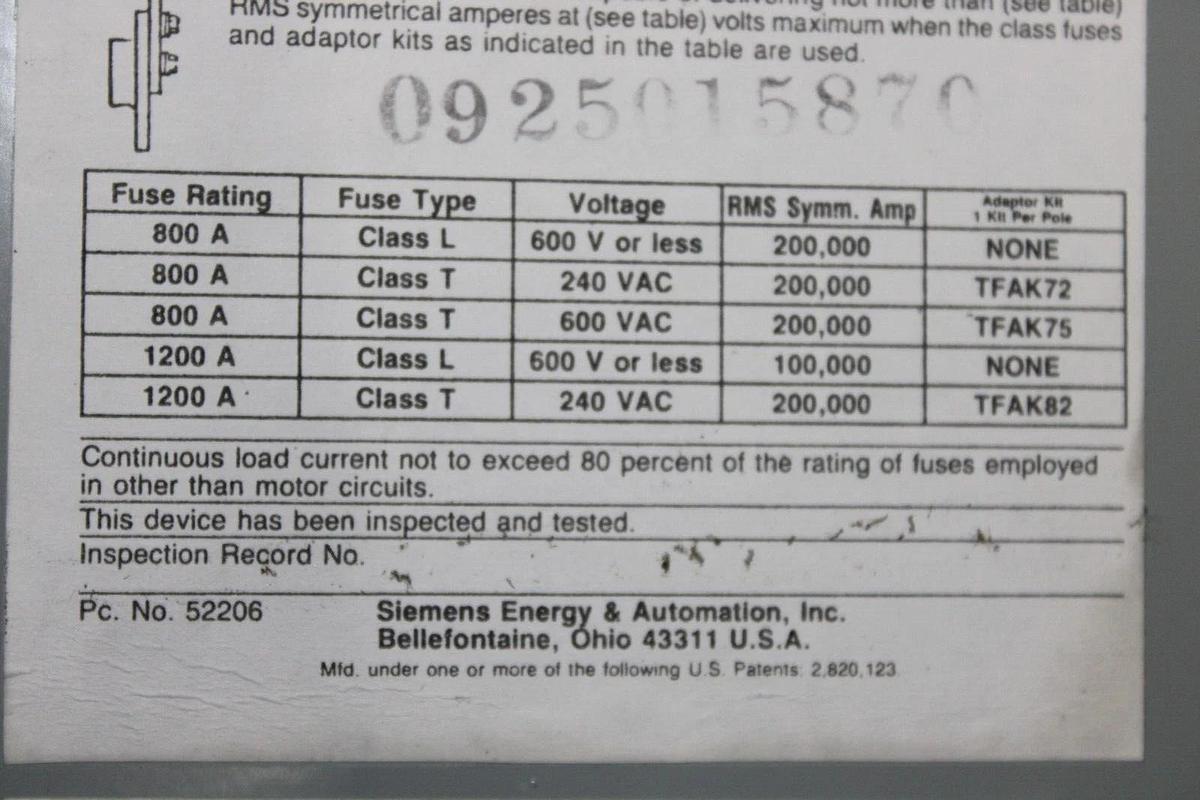 Used SIEMENS VACU-BREAK PANELBOARD DISCONNECT SWITCH VF357BL 800 AMP 600 VAC 3-PHASE