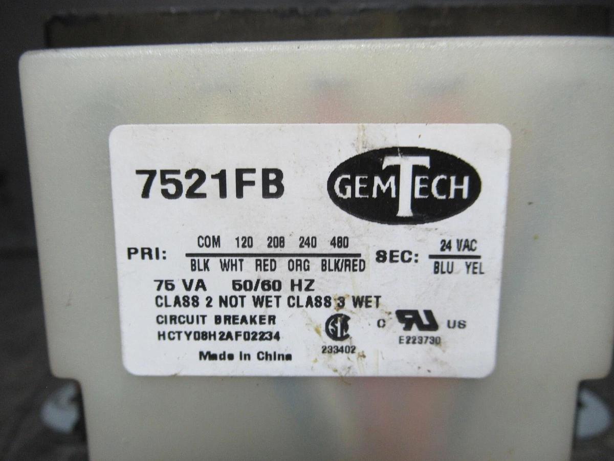 Used 75 VA GEMTECH TRANSFORMER 7521FB PRI: 480 VAC SEC: 24 VAC **WARRANTY INCLUDED**