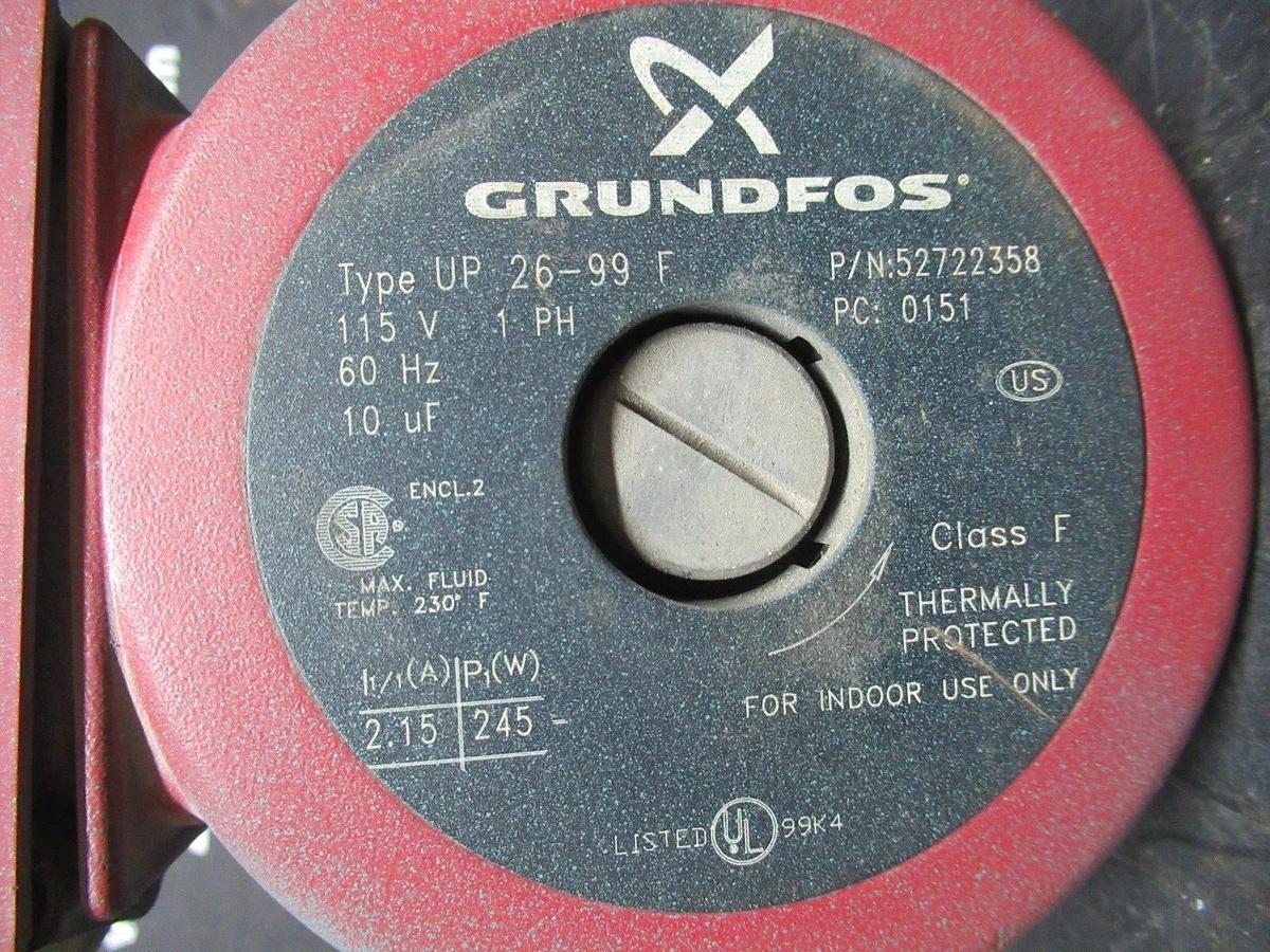 Used GRUNDFOS CIRCULATORY PUMP 52722358 UP-26-99-F 115 VOLT 2.15 AMP 245 WATT