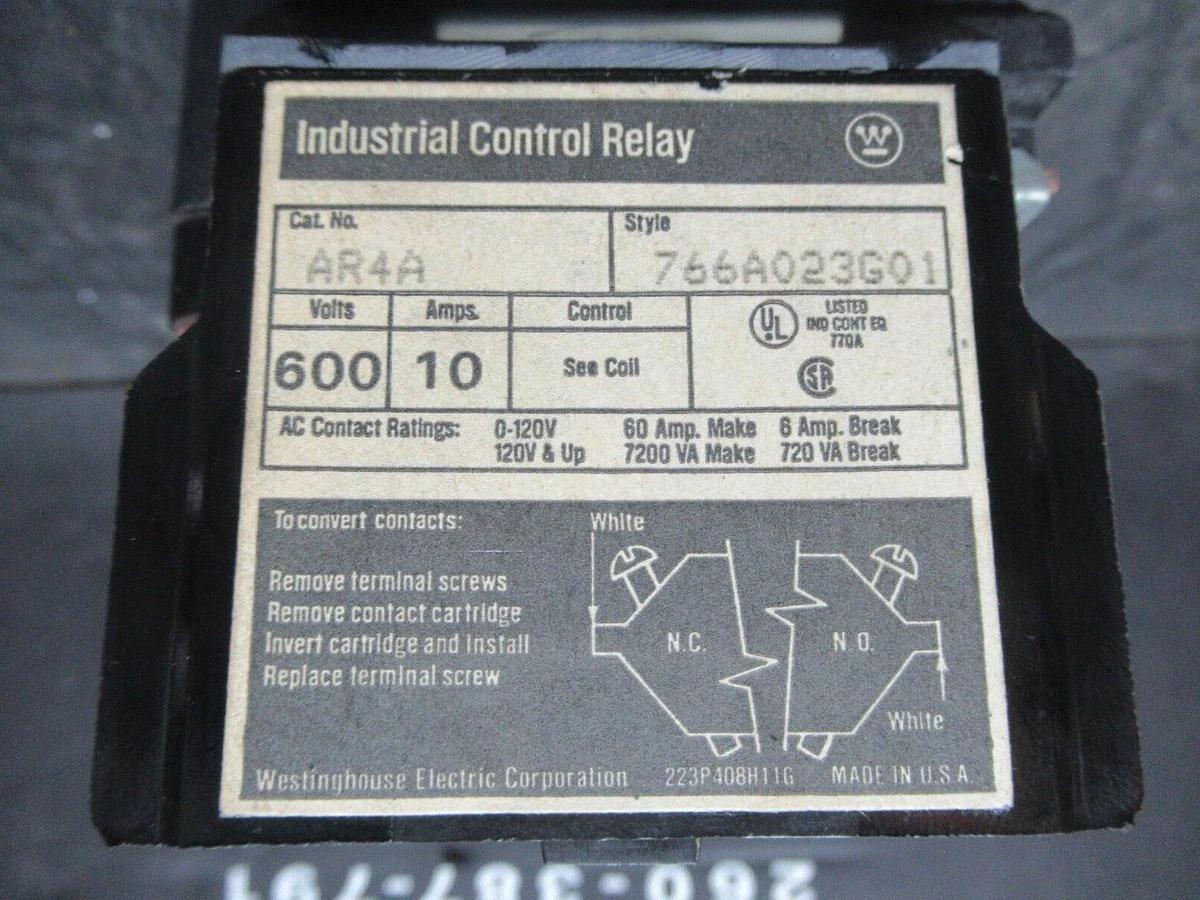 Used WESTINGHOUSE INDUSTRIAL CONTROL RELAY AR4A 600 VOLT 10 AMP COIL: 120 V