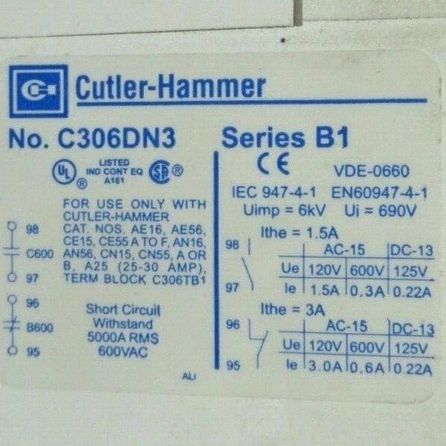 Used CUTLER HAMMER THERMAL OVERLOAD RELAY C306DN3 SER. B1 600 VAC W/ C306TB1 ADAPTER