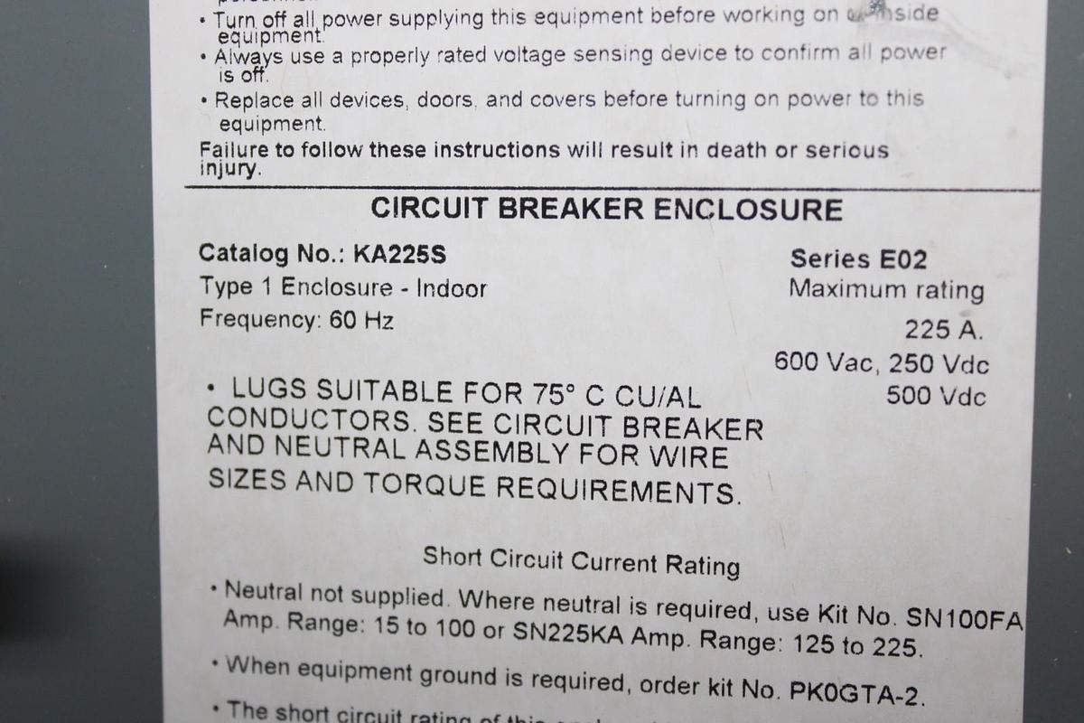 Used SQUARE D TYPE 1 CIRCUIT BREAKER ENCLOSURE KA225S FOR KAL FAL BREAKERS 225A 600V