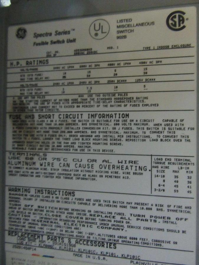 Used GE DUAL SPECTRA FUSIBLE PANEL SWITCH ADS36060HD 60 AMP 600 VOLT 50 HP