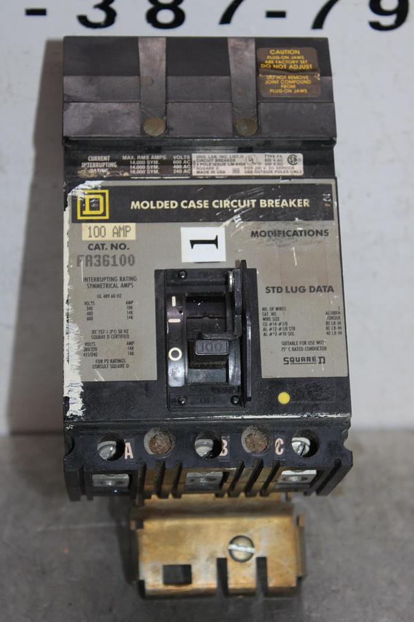 Used SQUARE D I-LINE CIRCUIT BREAKER FA34100 100 AMP 480 VOLT 3-POLE