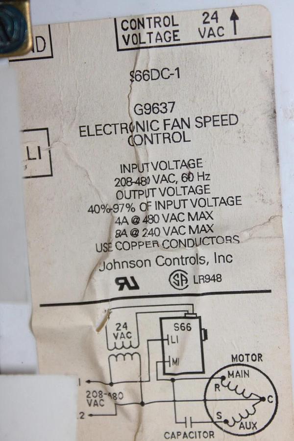 Used JOHNSON CONTROLS S66 ELECTRONIC FAN SPEED CONTROLLER S66DC-1 8 AMP 480 VAC