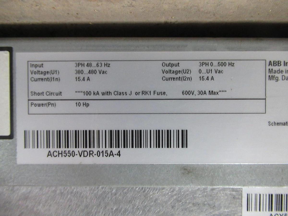 Used ABB VARIABLE SPEED DRIVE ACH550-VDR-015A-4 W/ BYPASS 10HP 3PHASE 480V 15.4A