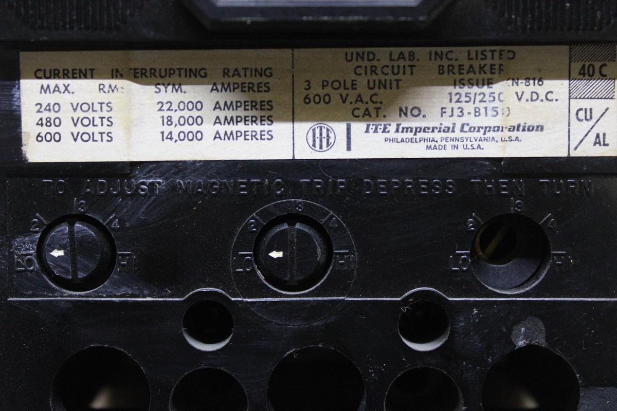 Used ITE CIRCUIT BREAKER FJ3-B100 150 AMP 600 VAC 3-POLE