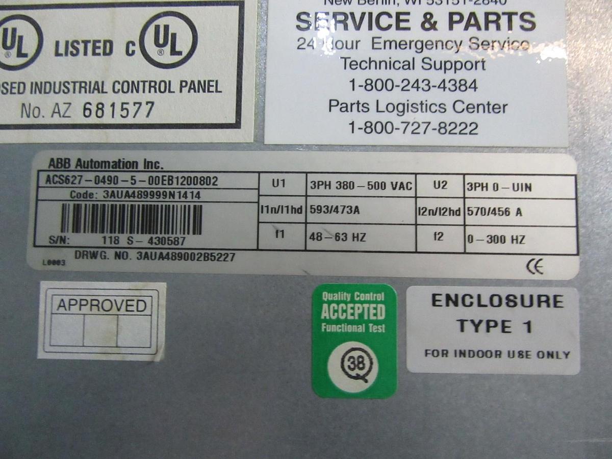 Used ABB MULTI SPEED DRIVE CABINET ACS627-0490-5-00EB1200802 3-PHASE 593 AMP 480 VAC