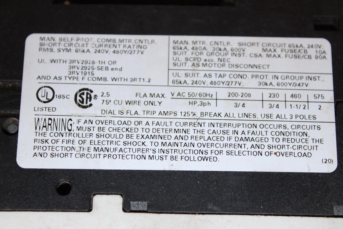 Used SIEMENS MANUAL MOTOR STARTER 3RV1021-1CA10 600 VAC 2.5 AMP 2HP **WARRANTY**