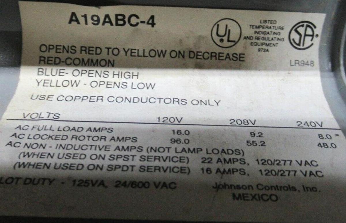 Used JOHNSON CONTROLS INDUSTRIAL THERMOSTAT A19ABC-4 277 VOLT 22 AMP **WARRANTY**
