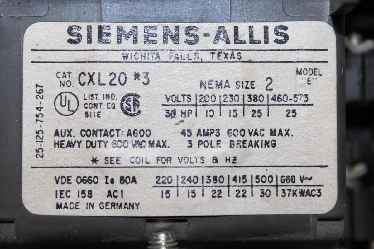 Used SIEMENS-ALLIS CONTACTOR CXL20*3 NEMA 2 600V 45 AMP 25 HP 3-POLE COIL: 120V
