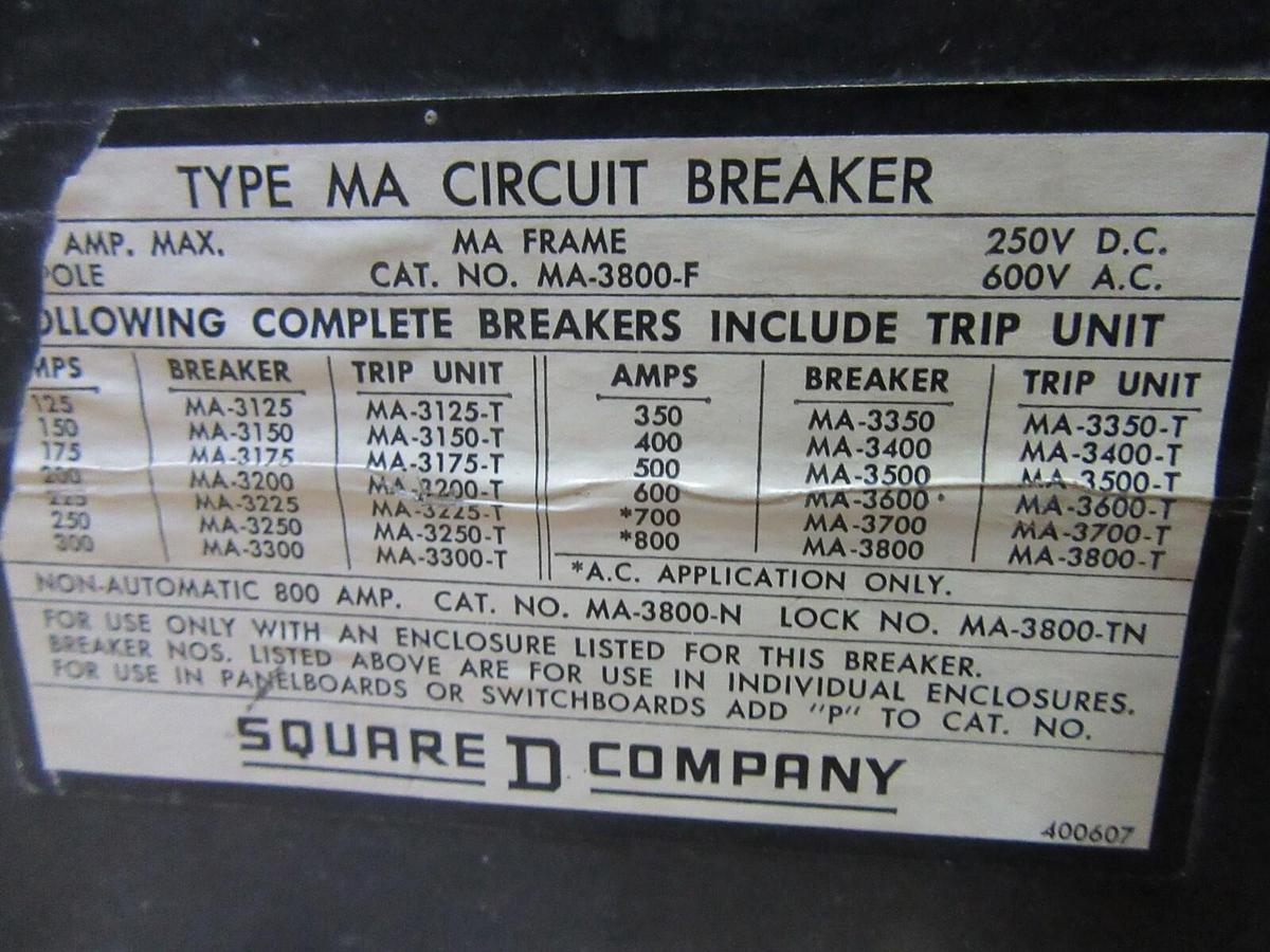 Used SQUARE D CIRCUIT BREAKER MA3800F 800 AMP 3-POLE 600 VAC W/ FACE COVER