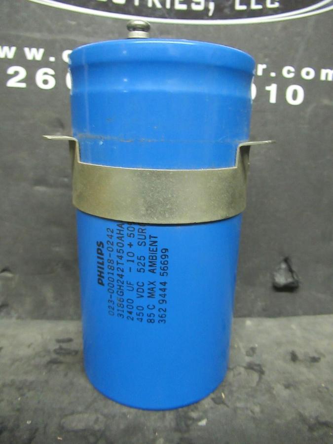 Used PHILLIPS 023-000188-0242 2400 uF 450 VDC CAPACITOR W/ BAND 3186GH242T450AHA