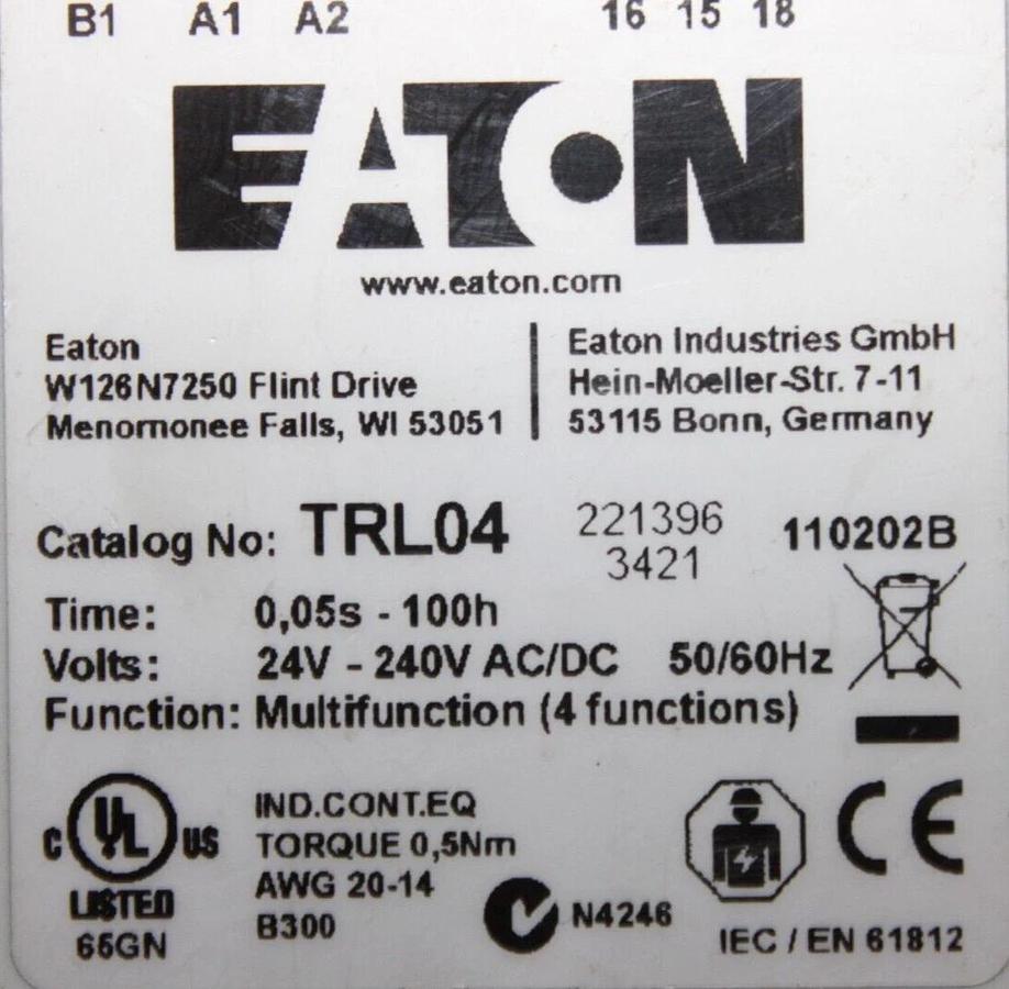 Used EATON MULTI-FUNCTION TIME DELAY RELAY TRL04 0.05 SEC - 100 HOUR 240 VOLT