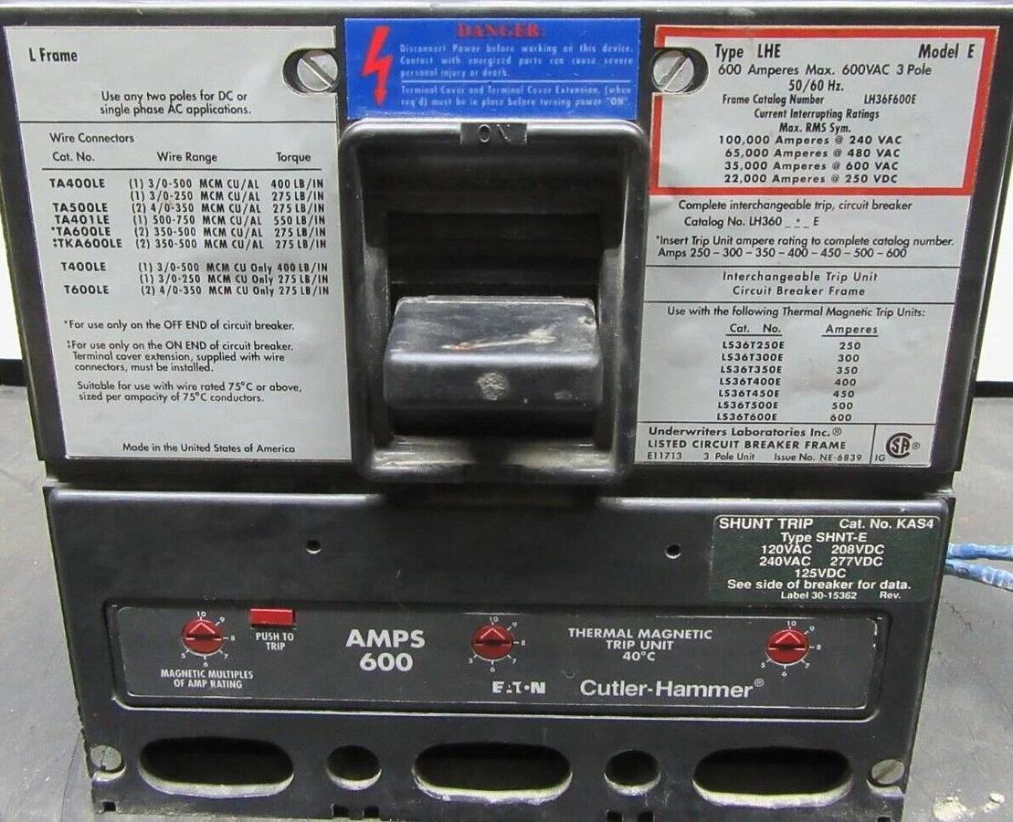 Used WESTINGHOUSE CIRCUIT BREAKER LH36F600E 600 AMP 3-POLE 600 VAC LHE FRAME