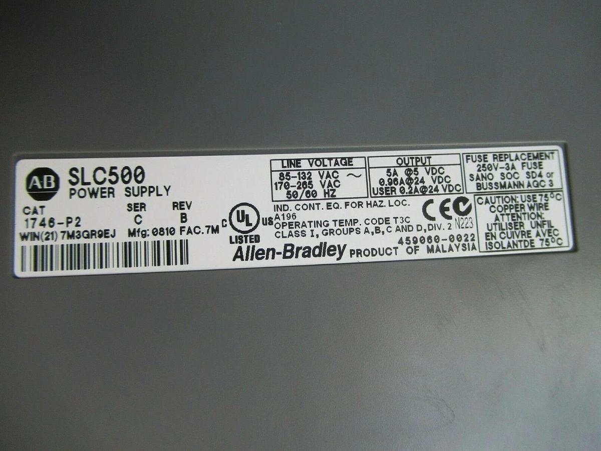 Used ALLEN BRADLEY PLC CHASIS 13 SLOT 1746-A13 W/ SLC500 POWER SUPPLY 1746-P2 REV B