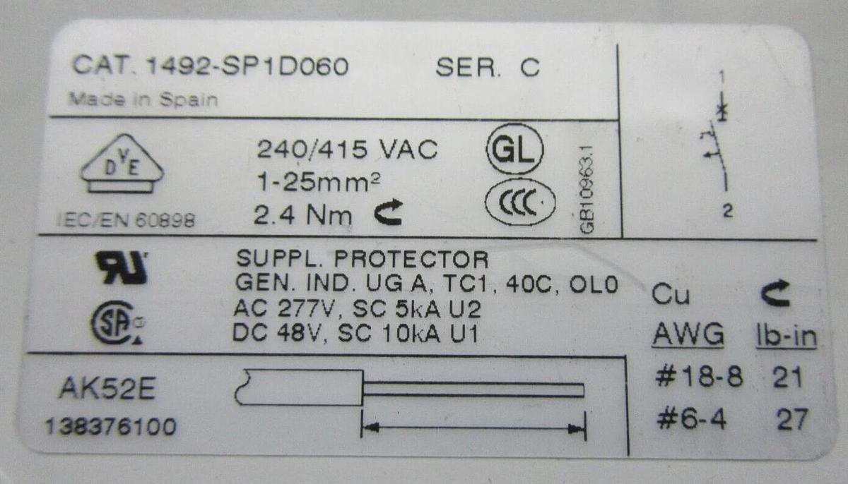 Used ALLEN BRADLEY BREAKER 1492-SP1D060 6 AMP 277 VAC SINGLE POLE **WARRANTY**