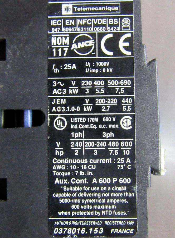 Used TELEMICANIQUE CONTACTOR LP1-D12004 600 VOLT 25 AMP 10 HP COIL: 125 VDC