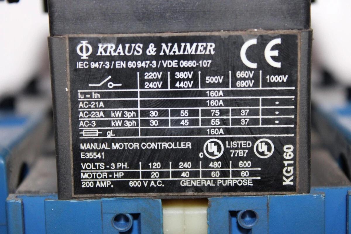 Used KRAUS & NAIMER DISCONNECT SWITCH KG-160 600 VAC 200 AMP 60 HP **WARRANTY**