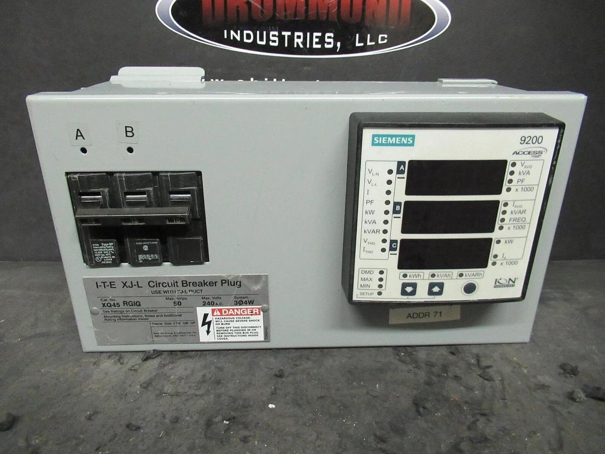 Used ITE BUS PLUG XQ45RGIG 50 AMP 240V 3P4W+GROUND XJ-L 15 AMP BREAKER SIEMENS 9200