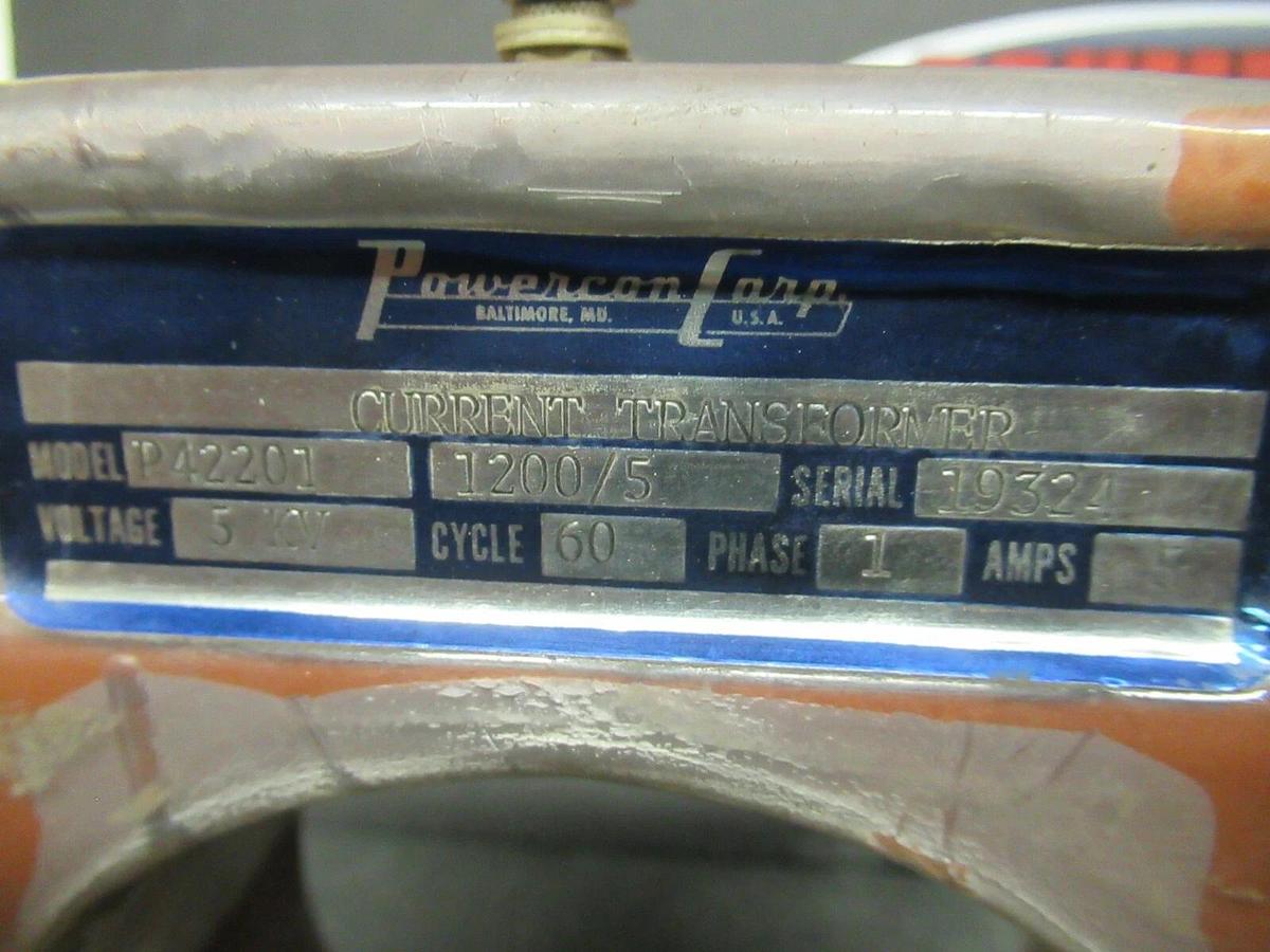 POWERCON CORP CURRENT TRANSFORMER P42201 1200:5 600 VOLT 5 AMP 60 HZ 1-PHASE
