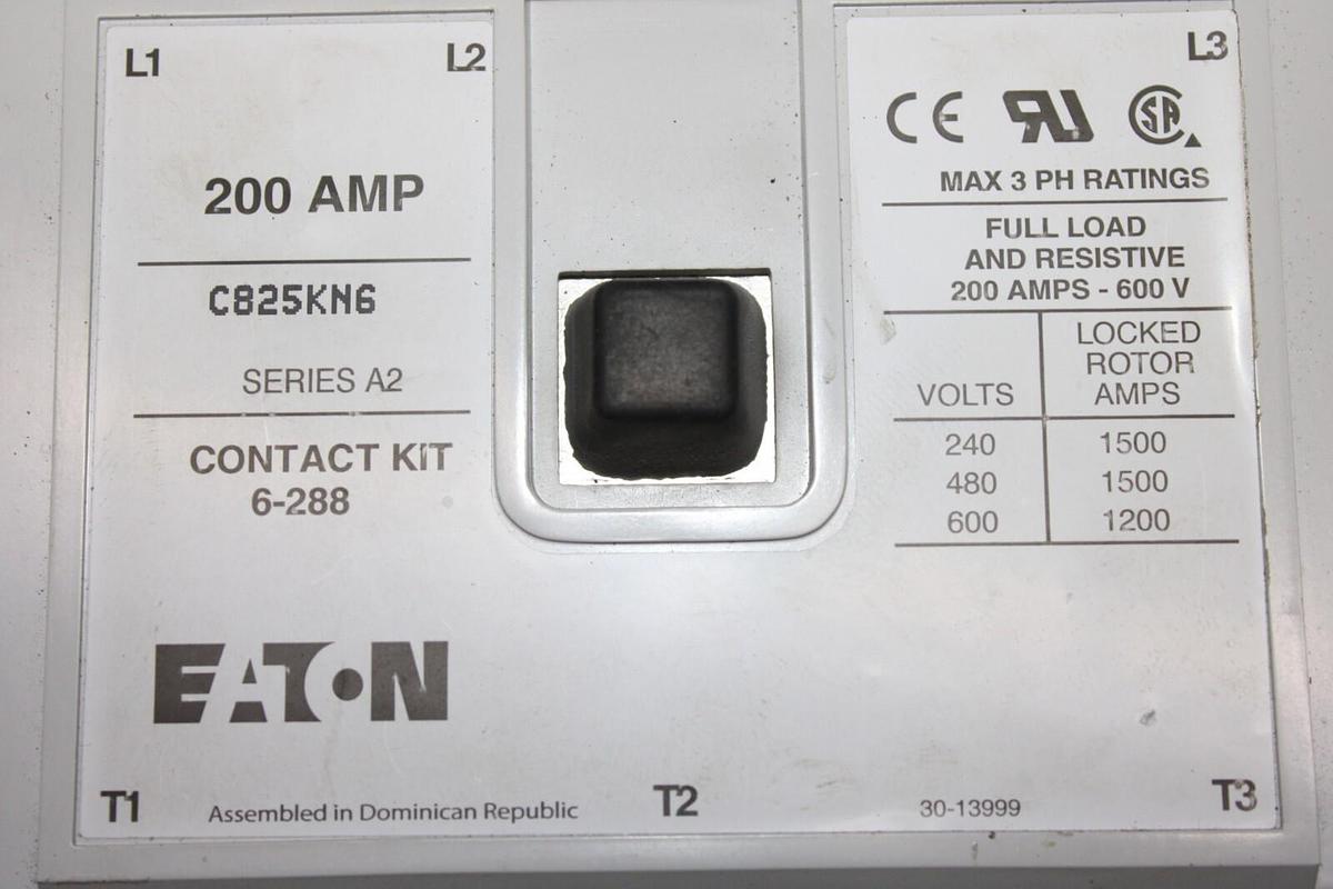 Used CUTLER-HAMMER CONTACTOR C825KN6 200 AMP 600 VAC 3-PHASE COIL: 120V