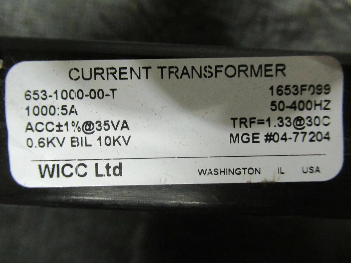 Used WICC CURRENT TRANSFORMER 653-1000-00-T 1000:5 50-400 HZ **WARRANTY INCLUDED**