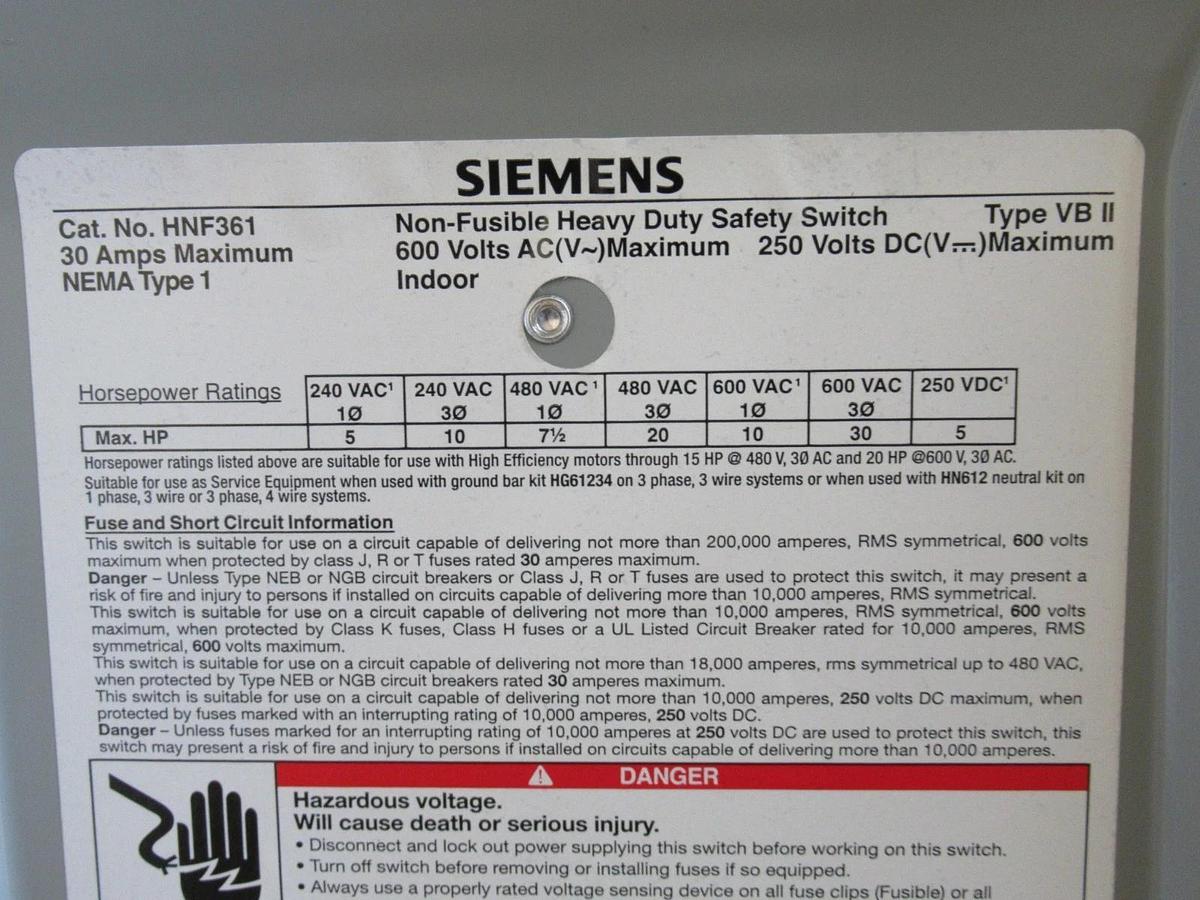 Used SIEMENS SAFETY DISCONNECT SWITCH HNF361 600VAC 30HP 3-POLE TYPE 1 **WARRANTY**