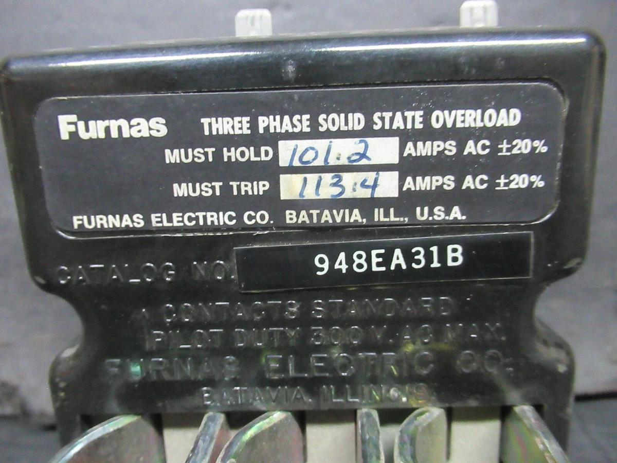 Used FURNAS THREE PHASE SOLID STATE OVERLOAD 948E31B 113:4 AMP TRIP **WARRANTY**