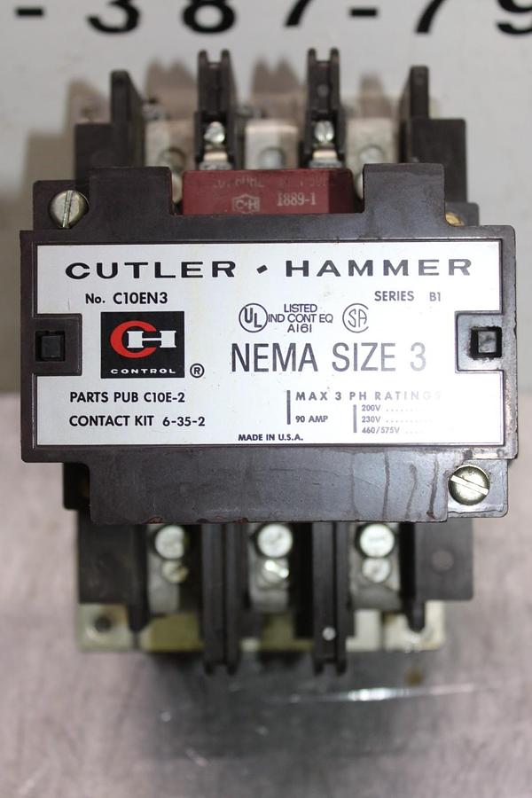 Used CUTLER-HAMMER CONTACTOR C10EN3 NEMA SIZE 3 90 AMP 600 VAC 3-POLE COIL: 120 V