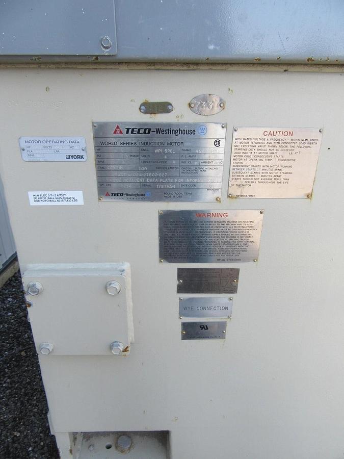 Used 886 HP TECO / YORK INDUCTION MOTOR 4160 V 3 PH 4510 FRAME 3600 RPM 108 FLA 2001