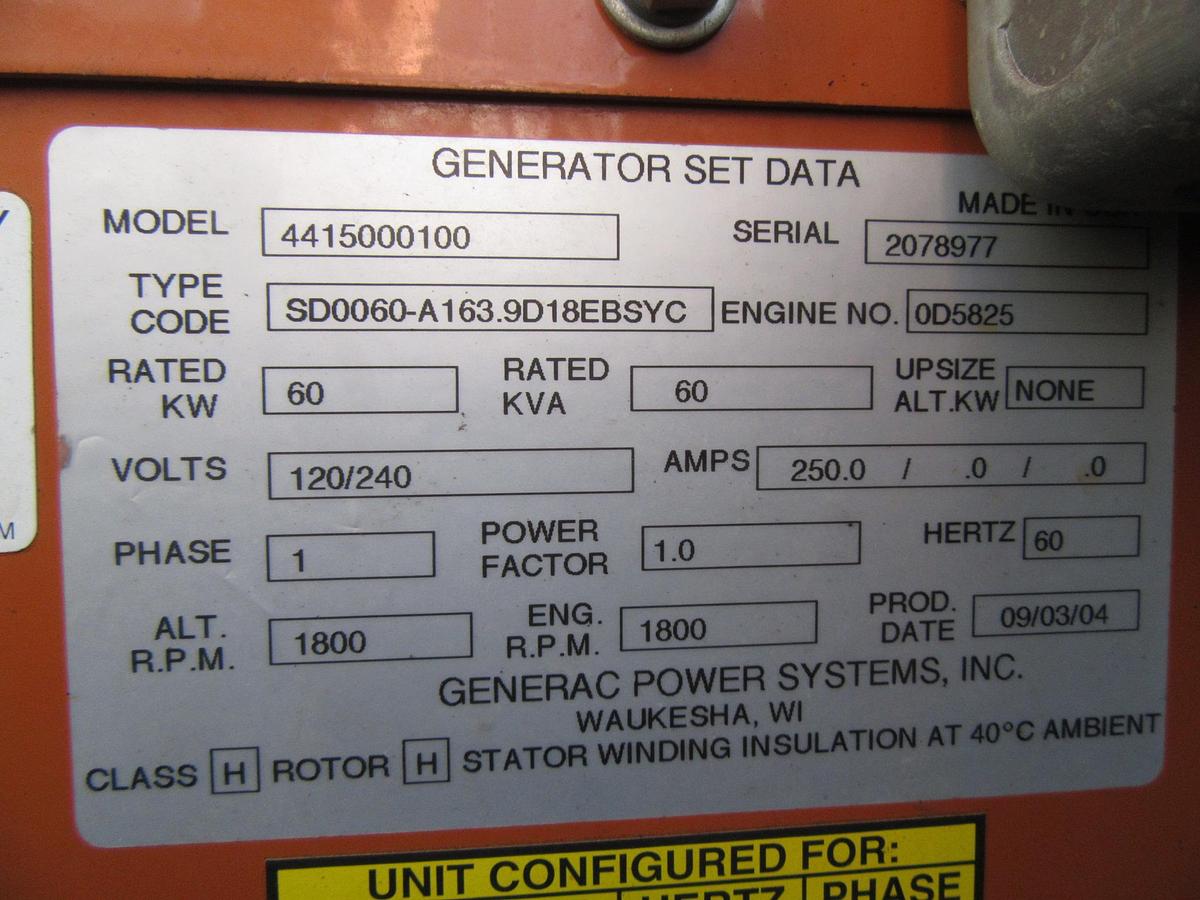 Used 60 KW DIESEL GENERATOR GENERAC 120/240 VOLT SOUND ENCLOSED VIDEO WE SHIP