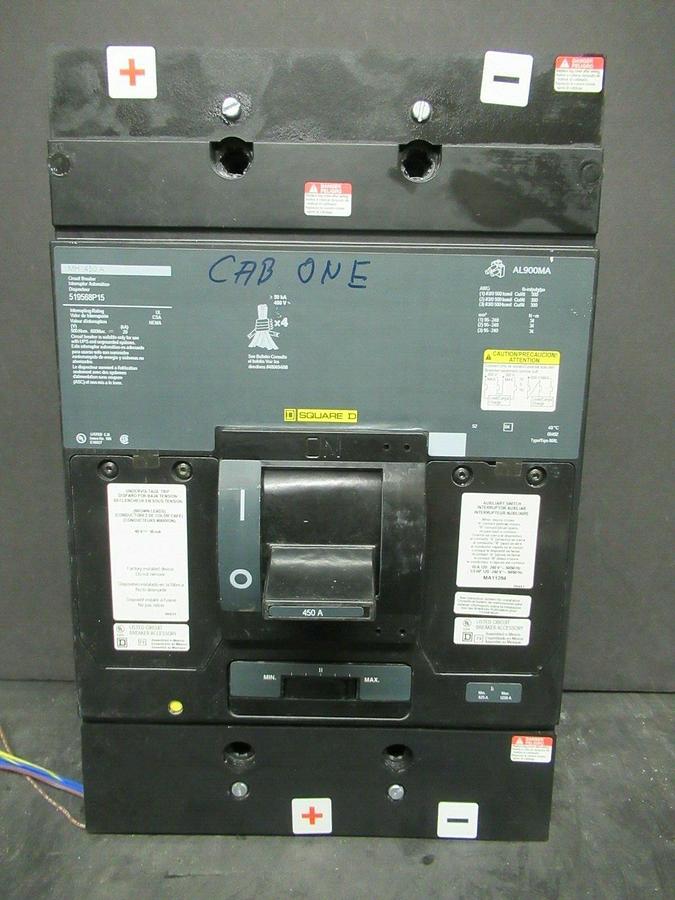 Used 450 AMP SQUARE D BREAKER 519568P15 600 VDC 3 POLE W/ AUXILIARY SWITCH & UVR