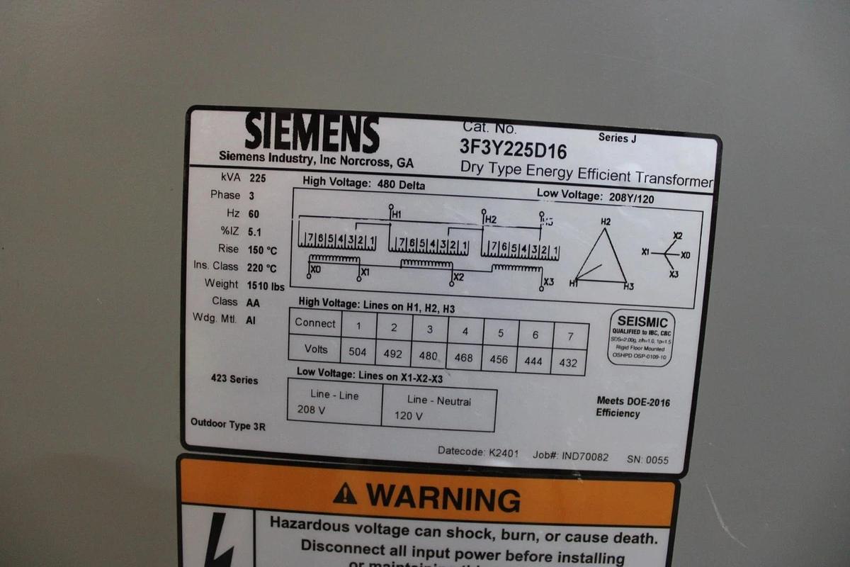 225 kVA SIEMENS TRANSFORMER 3F3Y225D16 HIGH: 480V LOW: 208/120V NEMA 3R 3-PHASE