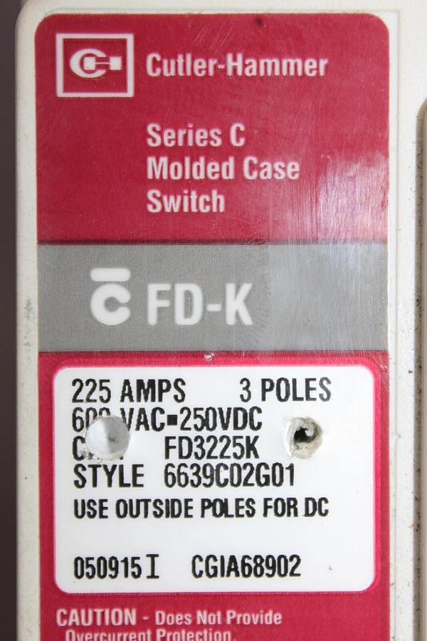 Used CUTLER HAMMER MOLDED CASE SWITCH FD3225K 225 AMP 600 VAC 3-POLE FD-K