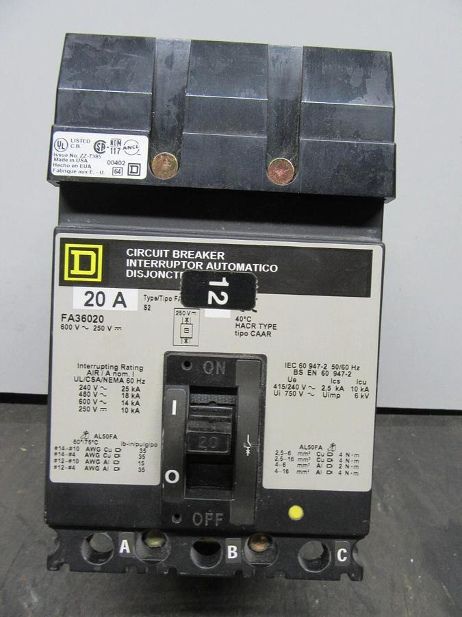 Used SQUARE D I-LINE BREAKER FA36020 20 AMP 3-POLE 600 VAC **WARRANTY INCLUDED**