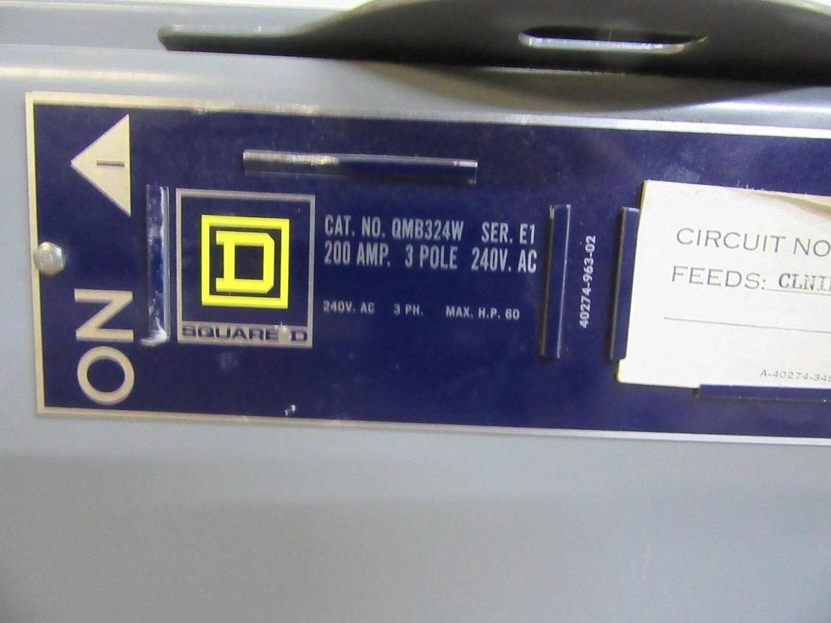 Used SQUARE D QMB SAFETY DISCONNECT SWITCH QMB324W 200 AMP 240 VAC 3-POLE TYPE 1 ENCL