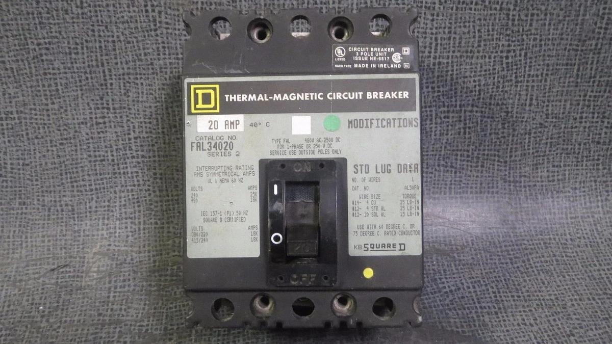 Used SQUARE D CIRCUIT BREAKER FAL34020 20 AMP 480 VAC 3-POLE 3-PHASE