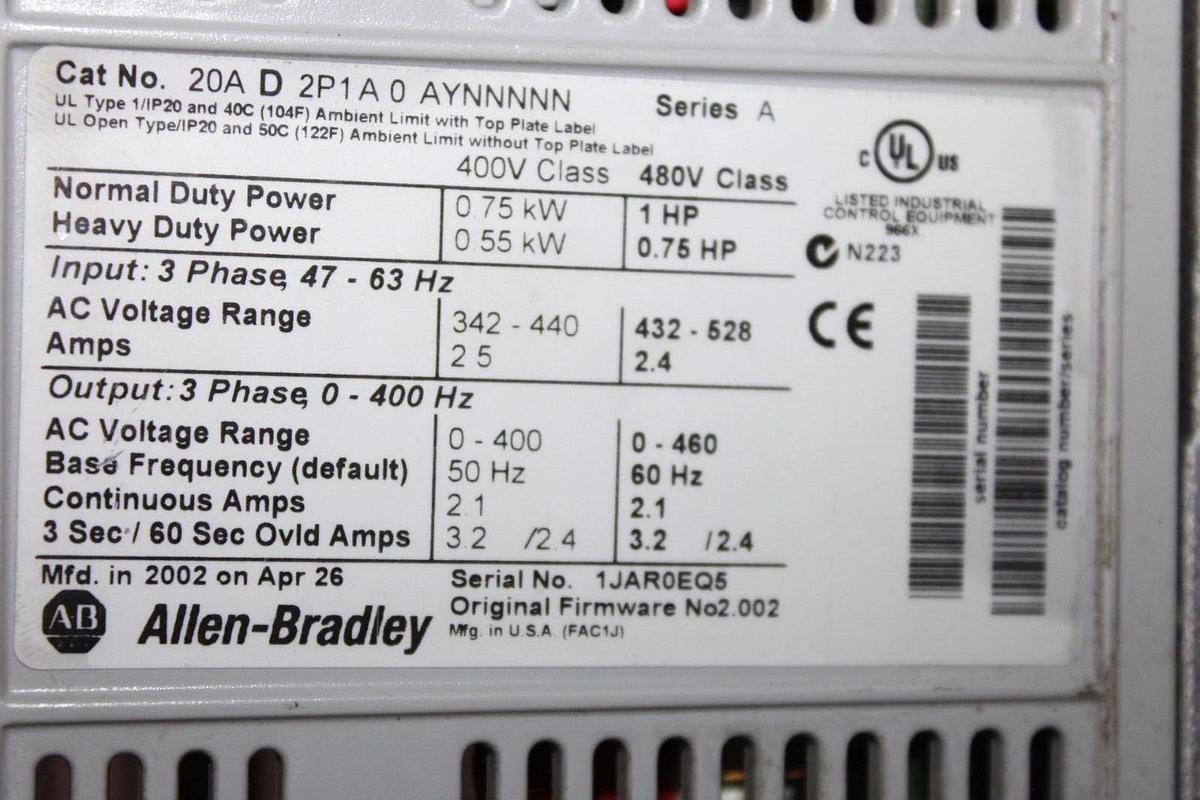 Used ALLEN BRADLEY POWERFLEX DRIVE 20A-D-2P1A-0-AYNNNNN SER. A 480 VAC 3-PHASE