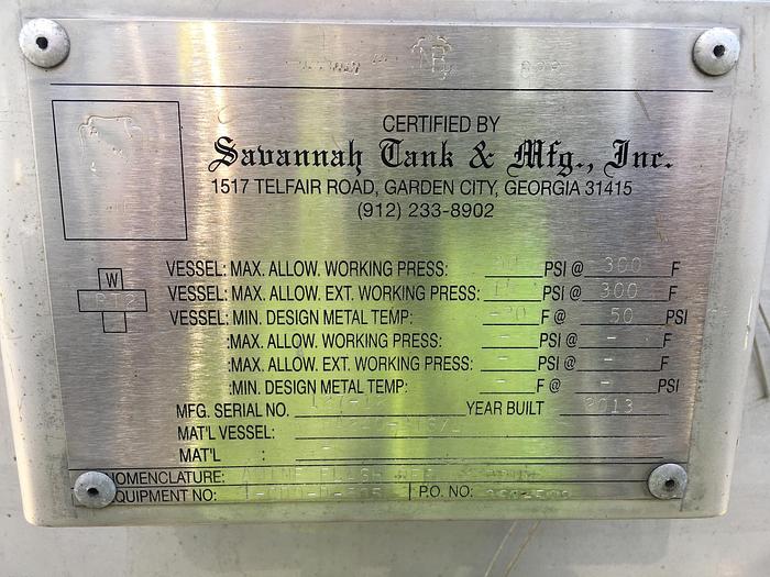 Used 6,800 GALLON VERTICAL PRESSURE TANK – T-316L S/S – 50 PSI/FV (#9716)