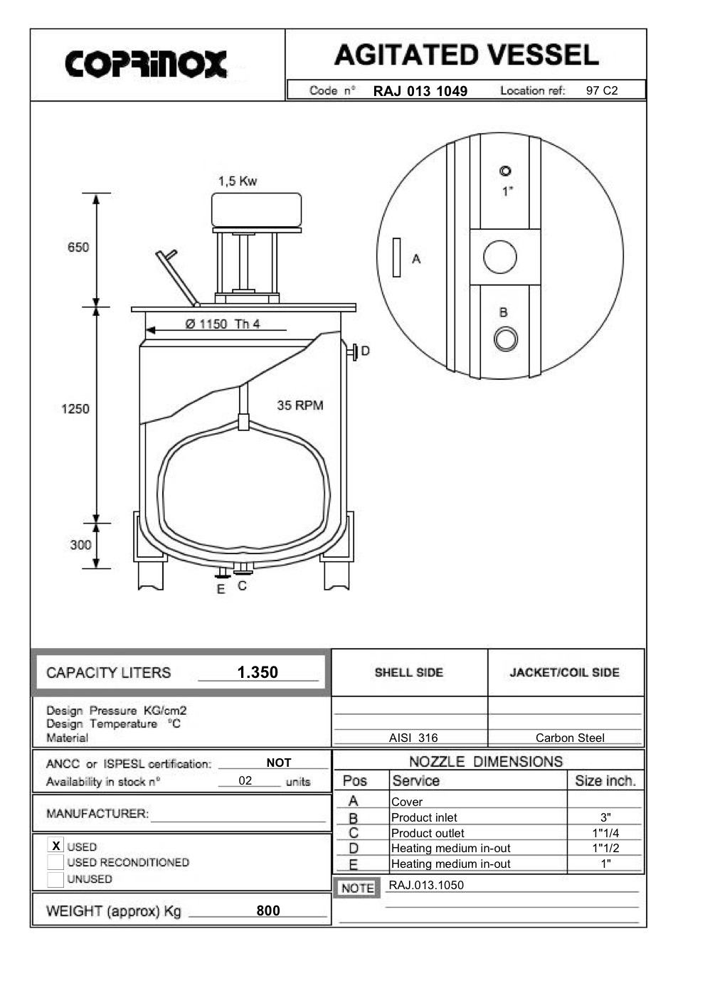 Usato Reattore da 1350 Litri