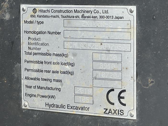 Used Hitachi ZX140W-6 2018