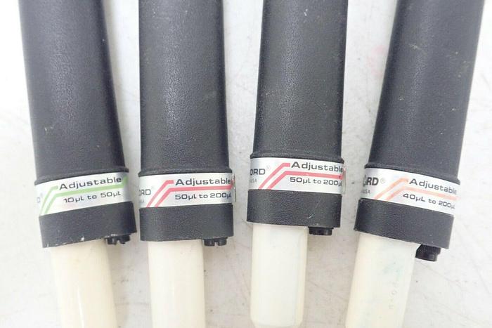 Used Lot of 4 Oxford 10-50 40-200 50-200 µL Sampler System Adjustable Pipettes