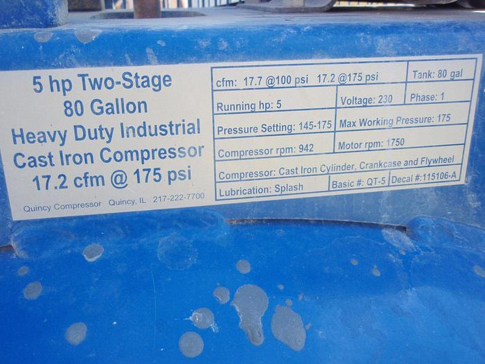 Used Compressor, Air, 5 HP, Quincy, 17.2 CFM @ 175 PSI, TankCompressor, Air, 5 HP, Quincy, 17.2 CFM @ 175 PSI, Tank #C740628