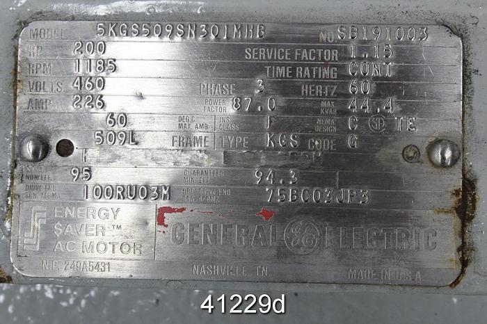 Used General Electric A/C Motor, 200Hp, 1185Rpm, 460Volts #41229
