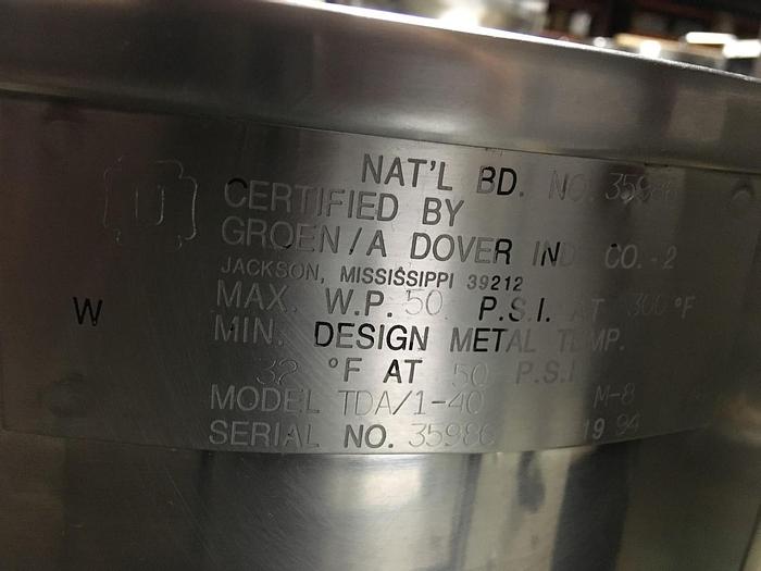 Used GROEN TDA/1-40, TA/2 40 QT. DIRECT STEAM LAB KETTLE COOKER MIXER w/ TWIN AGITATION & SCRAPE SURFACE (#785)