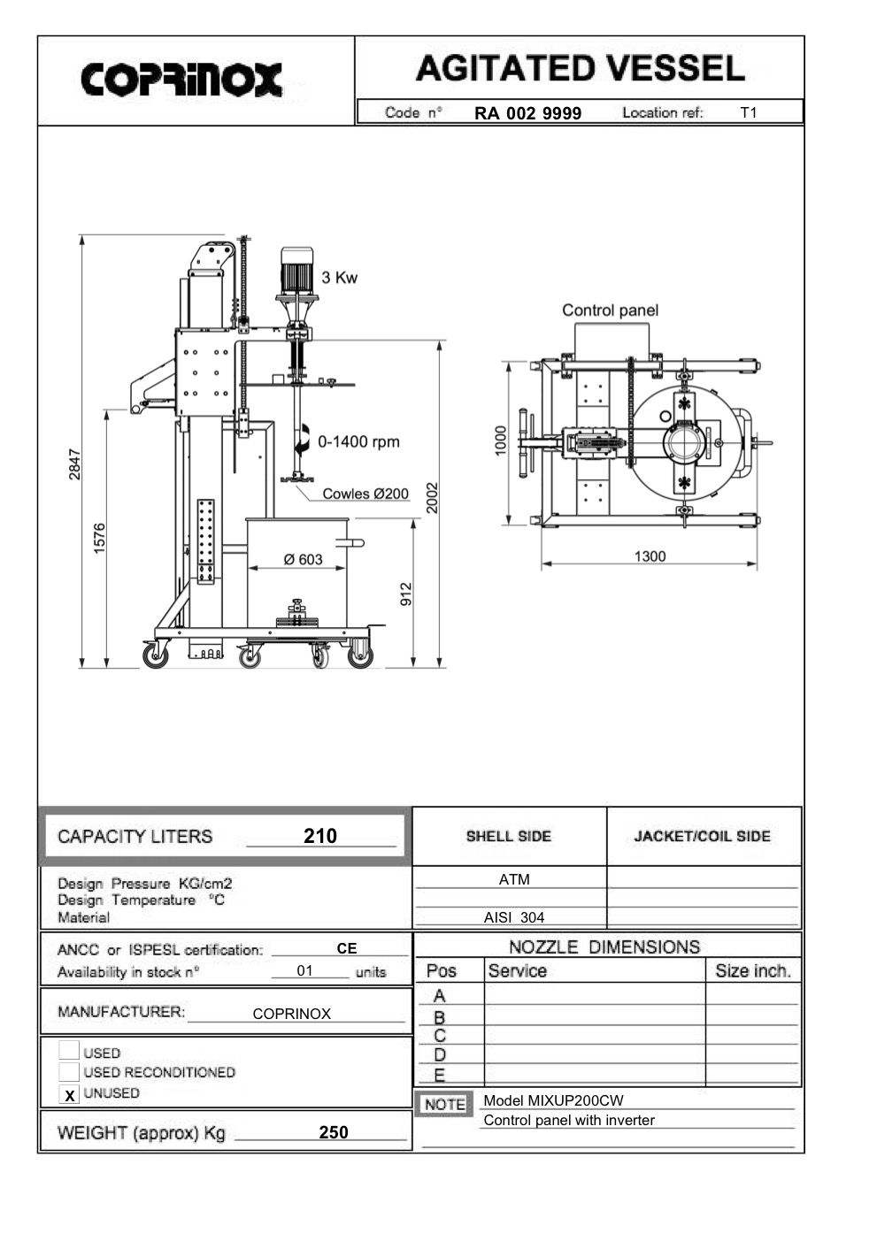 Used 210 liter COPRINOX reactor
