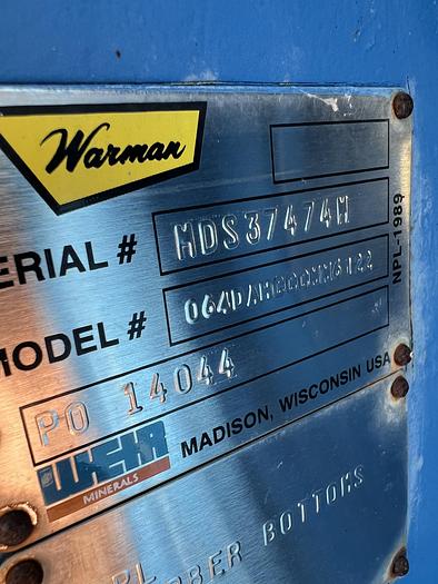 Used Pump, Centrif., 50 HP, Warman, Mdl 6/4AH, 6"/4", Srl, #S737631